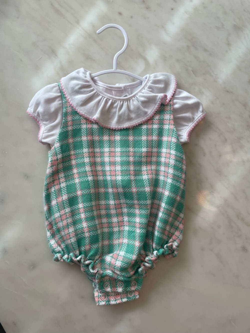 The Beaufort Bonnet Company Green and Pink Plaid Baby Romper with White Collar